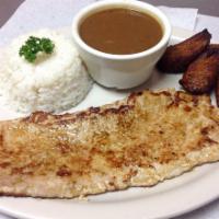 Lomo de Cerdo a La Plancha · Grilled pork loin, White rice,French fries and red beans.