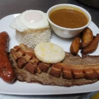 Bandeja Paisa Especial · White rice, sweet plantains, fried egg, red beans, corn cake, pork strips, pork sausage and ...