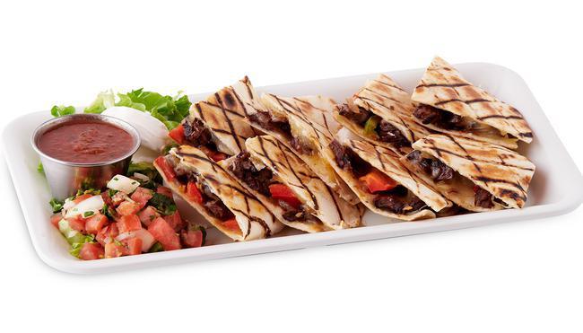 Beef Fajita Quesadillas · Made with Roasted Bell Peppers, sauteed Onions and Pepperjack cheese. Served with side of Sour Cream, Pico de Gallo and Salsa.