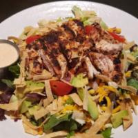 Santa Fe Blackened Chicken Salad · Topped with Jack and Cheddar Cheese, Cherry Tomatoes, Diced Red Onions, Sweet Corn, Chunks o...