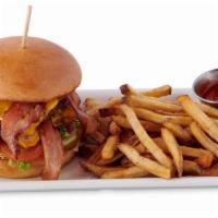 Double Double Smash Burger · Two thinly smashed burgers, American Cheese, Sliced Bacon, Ketchup and Mayo, Comes with Fries