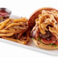 Chipotle Bleu Cheese Burger · Bleu cheese crumbles, bacon, chipotle mayonnaise, and topped with hand battered onion string...