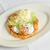 Chicken · sope served with beans, lettuce, tomato, cheese, avocado, sour cream.
gorditas served with b...