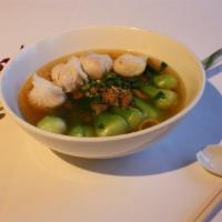 Shrimp Dumpling Noodle Soup · Flavorful soup base is made with shrimp, fish, chicken and mirepoix.