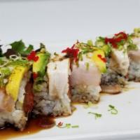 Superbowl Roll · Spicy Tuna, Salmon topped with Yellowtail, Avocado, wasabi ponzu sauce.