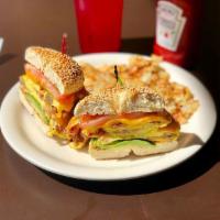 Breakfast Sandwich · Any style eggs, cheddar cheese and tomato with your choice of thick cut bacon, turkey bacon,...