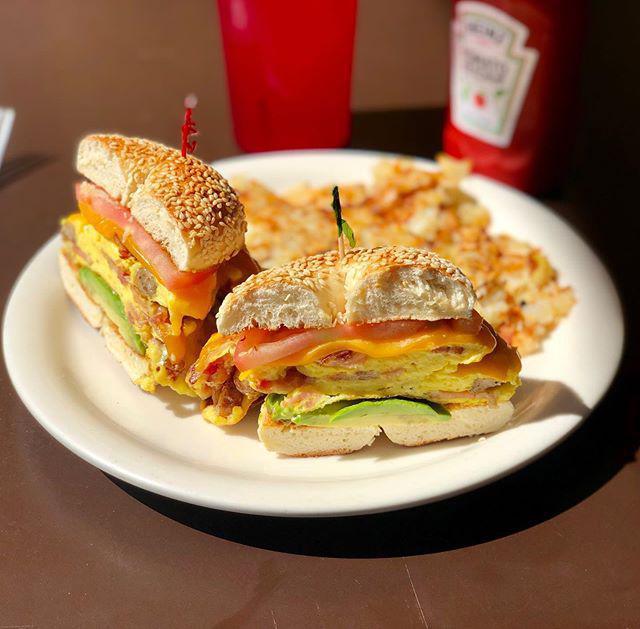 Breakfast Sandwich · Any style eggs, cheddar cheese and tomato with your choice of thick cut bacon, turkey bacon, sausage, turkey sausage or ham on any bread or bagel. Served with choice of side.