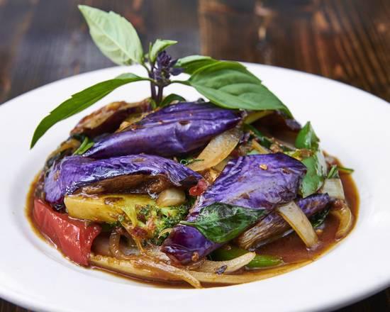 Eggplant Basil · Onion, basil and bell pepper. Spicy.