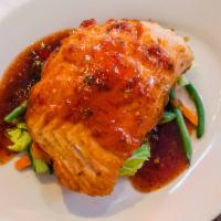 Tammy Salmon · Sauteed string bean, broccoli and carrot with spicy tamarind sauce. Spicy.