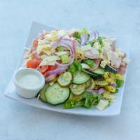Chef Salad · Our chef salad consists of lettuce, pickles, peppers, tomatoes, red onions, sprouts, and cuc...