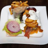 Big Bleu Burger · Cheddar cheese, applewood smoked bacon, tempura onion rings and bleu cheese dressing.