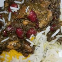 Ghorme Sabsi · Parsly leeks fenugreek beef   (stew) Served w/Basmati rice &   comes with lime/butter/bread/...