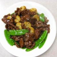 H9. Beef with Scallops Platter · Fresh scallops, beef and mixed vegetables in brown sauce.