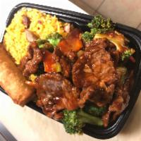 17. Beef with Broccoli Combination · Served with roast pork fried rice and egg roll.