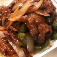 18. Beef Pepper Steak with Onion Combination · Served with roast pork fried rice and egg roll.