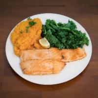 Grilled Lemon Salmon · Served with mashed sweet potato and sauteed kale.