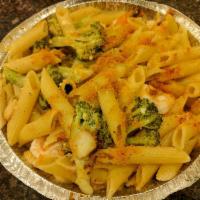 Penne Oreganate · Fresh shrimp and broccoli  sauteed in classic and white wine scampi sauce topped off with to...