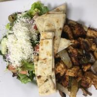 Chicken Kabab · Onions, mushrooms and peppers. Served with choice of fries, salad or rice.