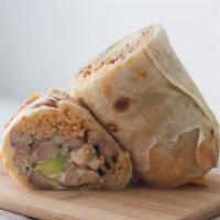 Super Burrito · Served with meat, rice, beans, guacamole, cheese, sour cream, and salsa