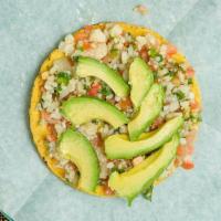 Tostada De Ceviche · Served with fish, tomato, cilantro, onions, and jalapenos.