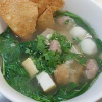 Wonton Soup · Wonton with ground pork inside, fish ball, spinach, cilantro, green onion, deep fried garlic...