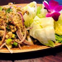 Larb Gai  · Ground chicken, cilantro, onion, green onion, lettuce and lime leaves.
(come with rice)