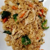 Basil Fried Rice · Choice of meat, jasmine rice, egg, broccoli, bell peppers, carrot and basil.