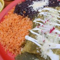 Shrimp Enchiladas · Shrimp. With green tomatillo sauce. Served with crema fresca, quesco fresco, Mexican rice an...