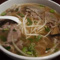 Pho Dac Biet · Noodle soup with different types of beef. Served with a side of bean sprouts, jalapeno, fres...