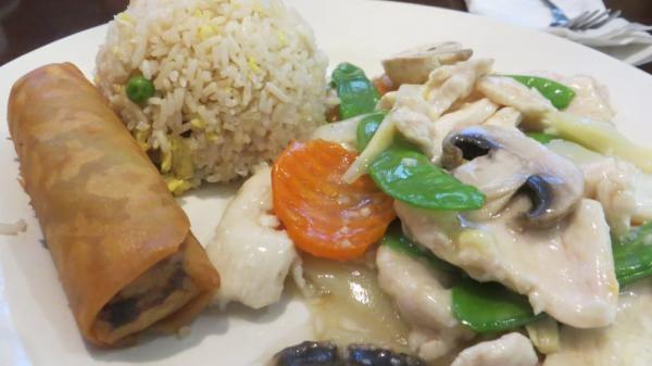 Moo Goo Gai Pan · Chicken, snow peas, carrots, water chestnuts, mushrooms and cabbage stir fried in white sauce.
