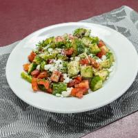 Shepherd Salad · (Slatat Alraee); Goat or feta cheese, tomato, cucumber, parsley, scallions, mixed with olive...