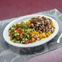 Beef Shawarma Platter · Rotisserie london broil beef, slowly cooked and marinated with our homemade seasonings and d...