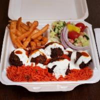 6. Falafel Platter · Served with rice, salad and fries or hummus.