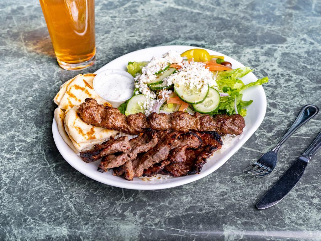 Zeus' Kabob Combination Plate · A combination of barg and Kafta kabobs served on a bed of basmatie rice.