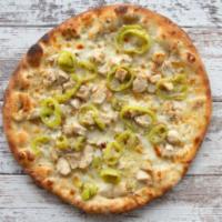 Chicken Bianca Pizza · Olive oil and garlic, shredded mozzarella, oven roasted chicken breast and hot peppers in oil.