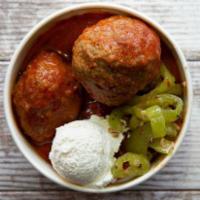 Vernon's Meatballs · Three meatballs in a cup with ricotta cheese and house marinated hot Hungarian peppers.