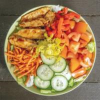 BBQ Chicken Salad · Green mix and lettuce, tomatoes, cucumber, shredded carrots and other vegetables.