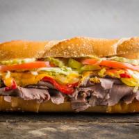 Hot Roast Beef and Cheddar Sandwicheez · The works: Lettuce, tomatoes, pickles, pepperoncini, real mayo, mustard, extra virgin olive ...