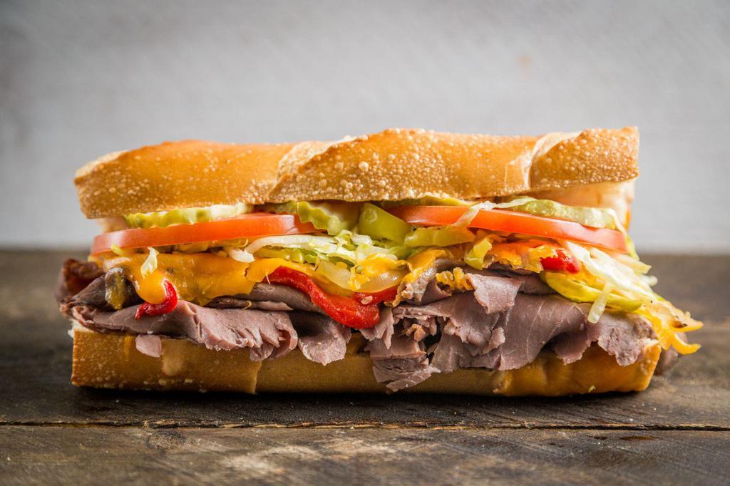 Hot Roast Beef and Cheddar Sandwicheez · The works: Lettuce, tomatoes, pickles, pepperoncini, real mayo, mustard, extra virgin olive oil, balsamic vinegar, salt and pepper, roasted pepper, onion, mayo and mustard.