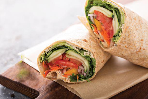 Vegetarian Wrap · Avocado, chipotle pesto, pepper Jack cheese, roasted red peppers and the works.