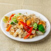 Stir Fried Tofu · Stir fried tofu with bean sprouts, bell pepper, scallions, mushroom, and soy sauce. Served w...