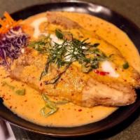 Crispy Trout Curry · Deep fried whole trout topped with panang curry sauce, bell peppers and basil