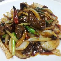 10. Mongolian · Spicy Mongolian sauce, white and green onion and red pepper. Served with fried rice. Spicy.