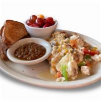 Texas Trainer’s Scramble · Scrambled egg whites with smoked turkey, mushrooms, onions, bell peppers, tomatoes, cheddar ...