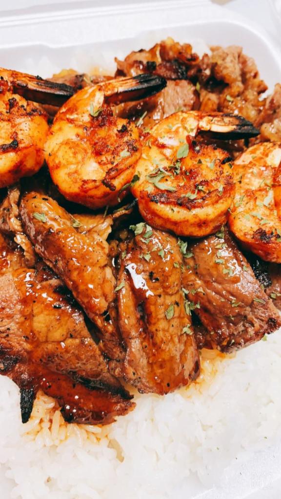 Shrimp & Beef Combo · Served with steamed rice and salad.