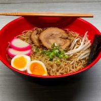 Shoyu Ramen · Authentic soy sauce based Japanese ramen noodles with chashu pork belly, soft boiled egg, be...
