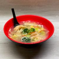 Wonton Soup · Delicious Chinese dumpling soup topped with flavorful vegetables.