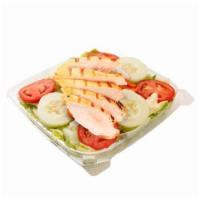 Fontano’s Grilled Chicken Salad · Tender chicken strips on a bed of crispy lettuce with cucumbers, tomatoes, red onions, green...
