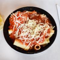 Mostaccioli Bowl · Mostaccioli pasta in homemade marinara sauce, topped with mozzarella and Parmesan cheese. Se...