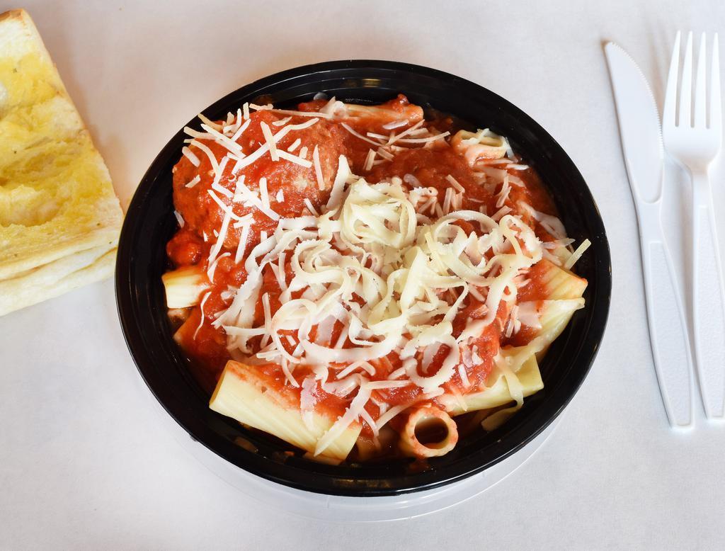 Mostaccioli Bowl · Mostaccioli pasta in homemade marinara sauce, topped with mozzarella and Parmesan cheese. Served with garlic bread.